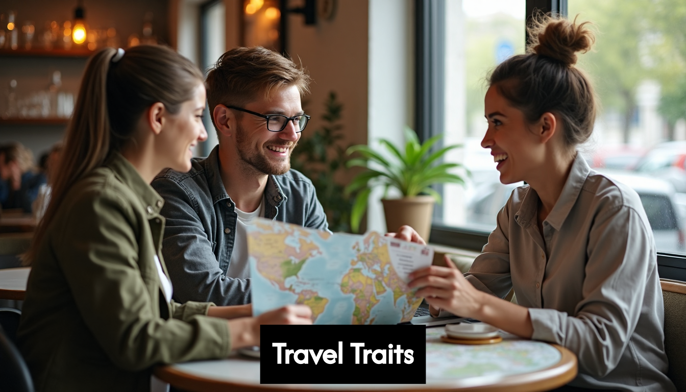 Travelers planning at cafe with maps and coffee