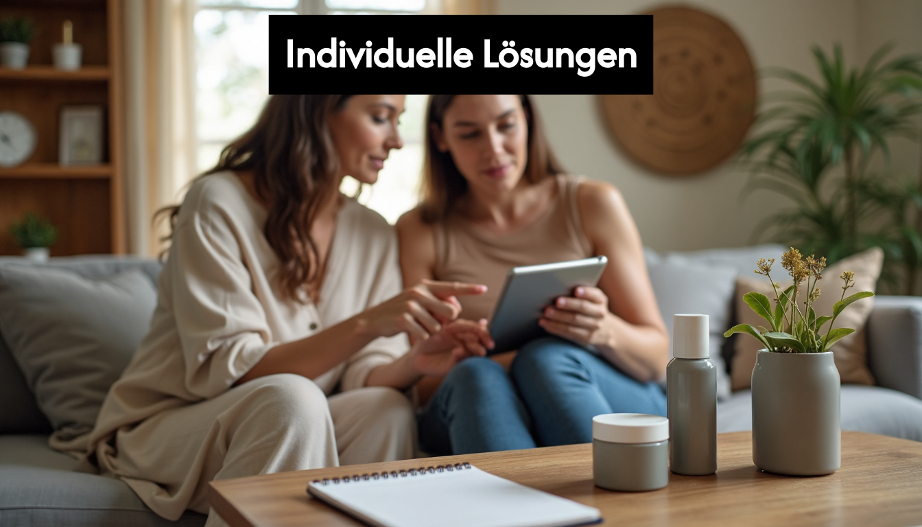 Two friends reviewing herbal skincare for sensitive skin