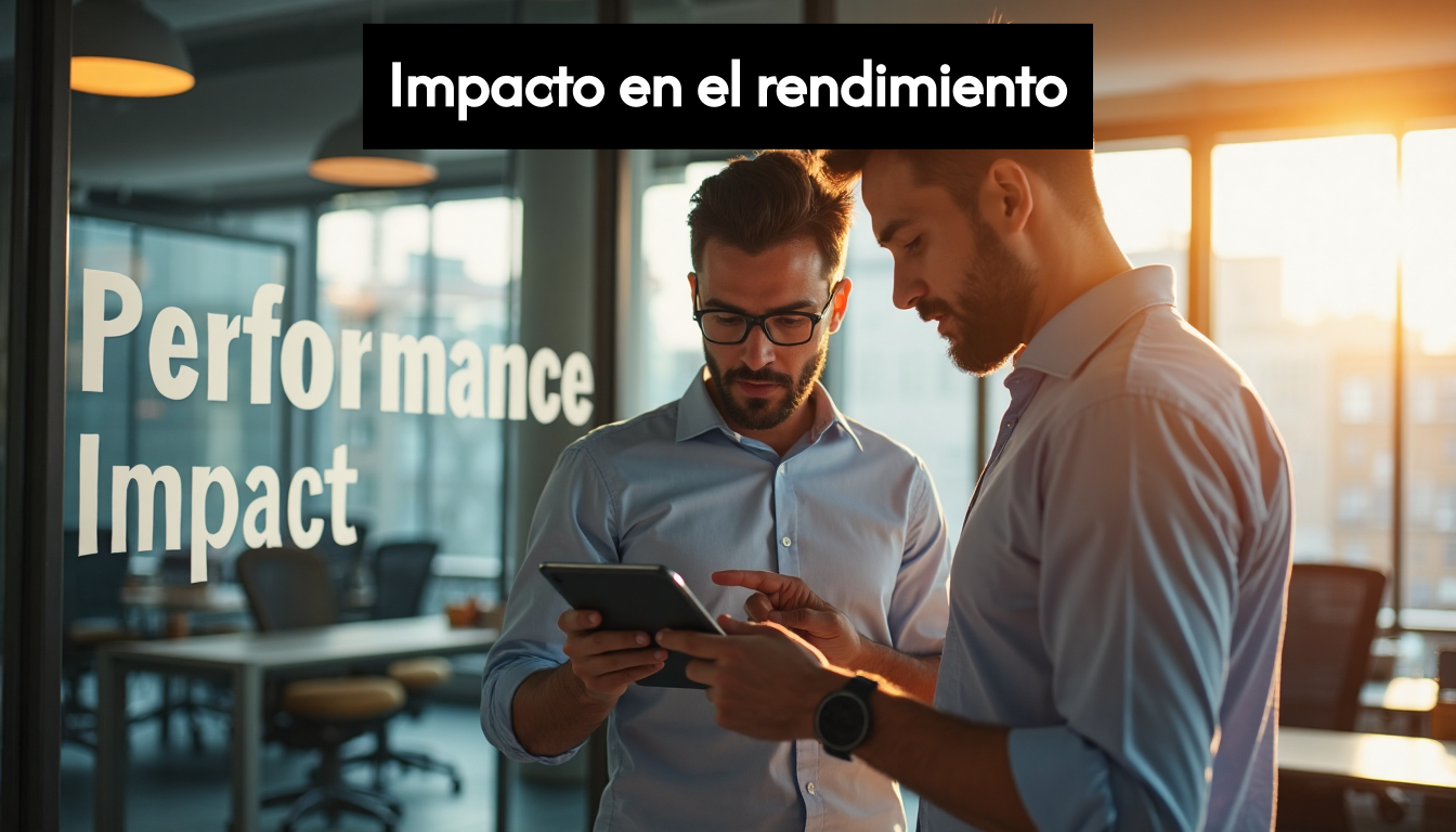 Two marketers review app analytics by glass wall with Performance Impact text