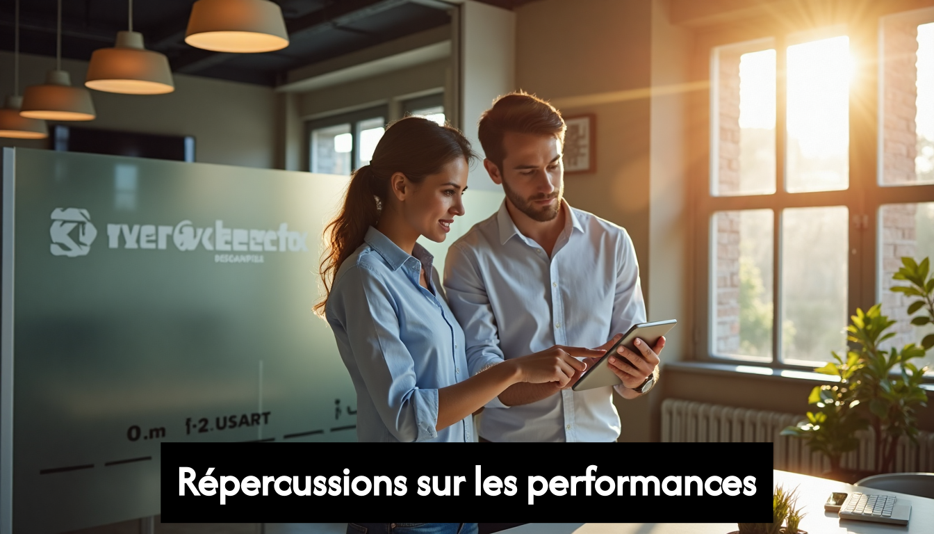 Two marketers review app analytics by glass wall with Performance Impact text