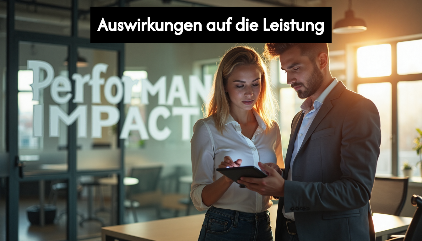 Two marketers review app analytics by glass wall with Performance Impact text