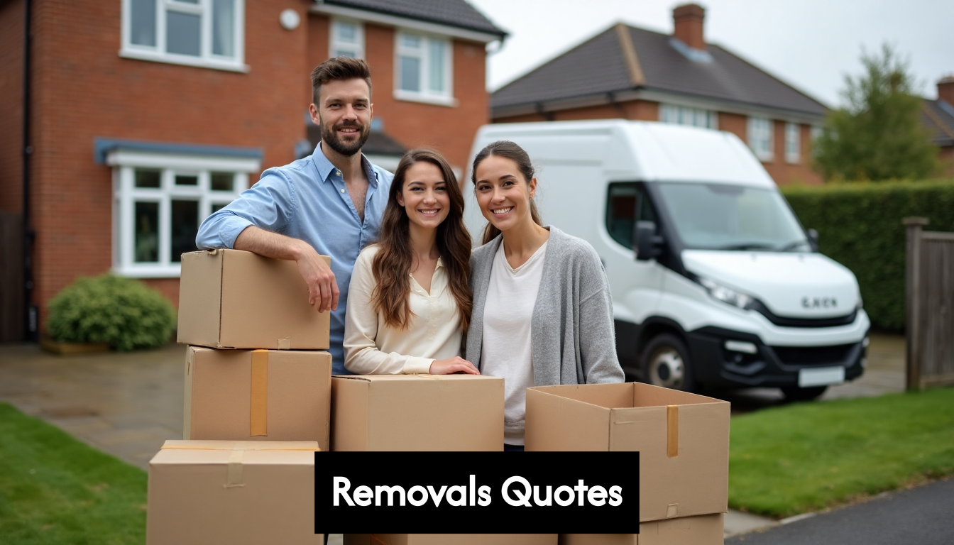 UK family with boxes and removal van on moving day