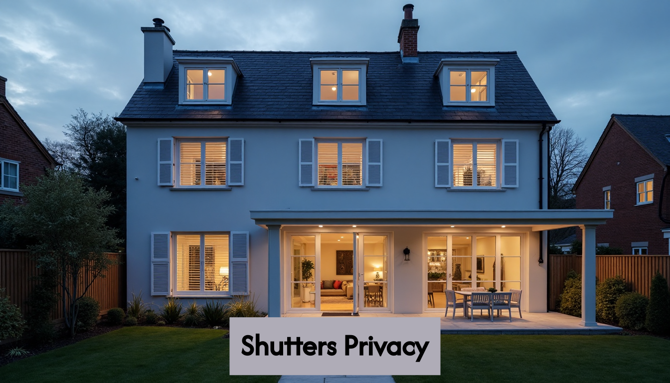 UK home with modern closed window shutters at dusk