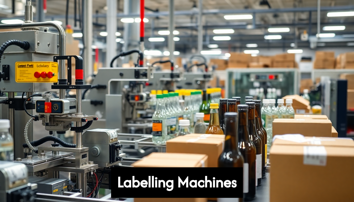 Various labelling machines in a factory setting