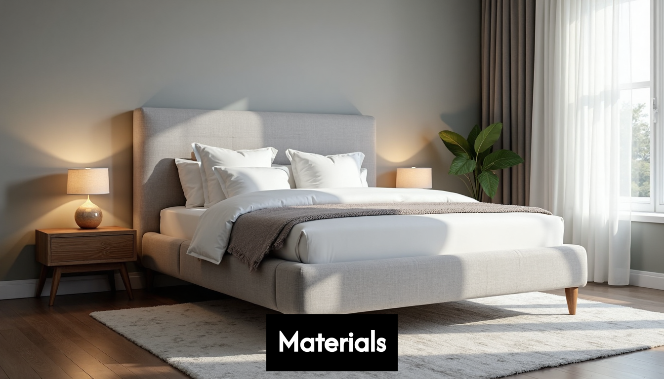 Upholstered bed frame in grey fabric
