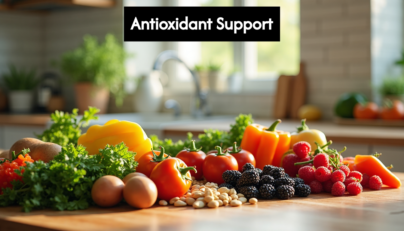 Variety of fresh antioxidant foods on table