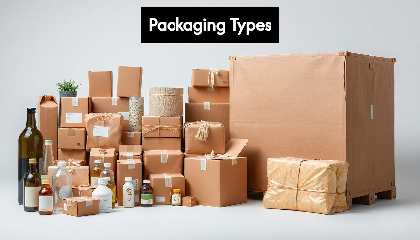 Variety of packaging types: bottles, boxes, cartons, shipping container.