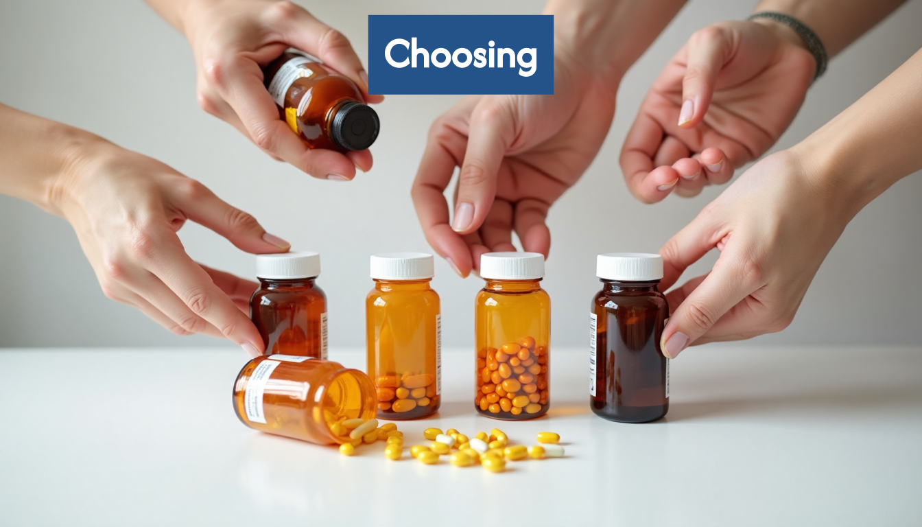 Variety of vitamin supplement bottles in hands.