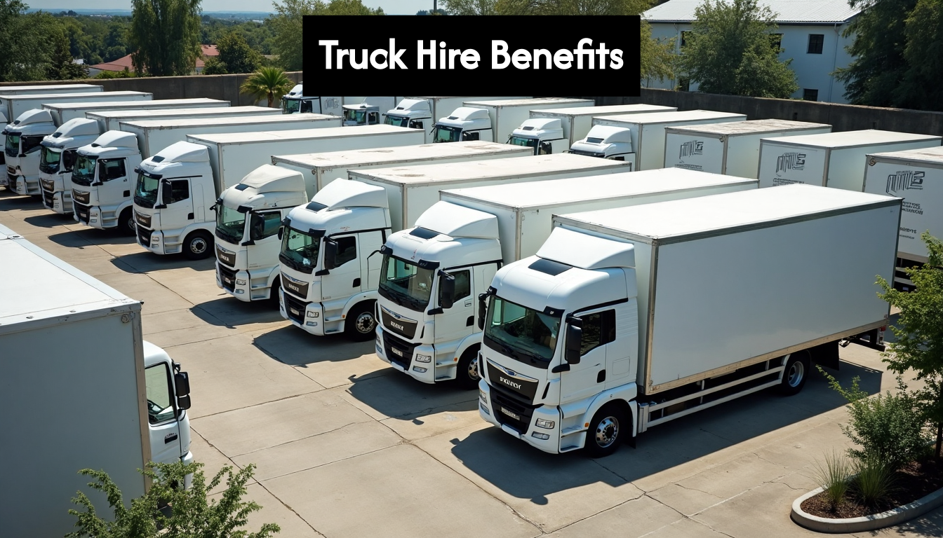 Various rental trucks under a large banner