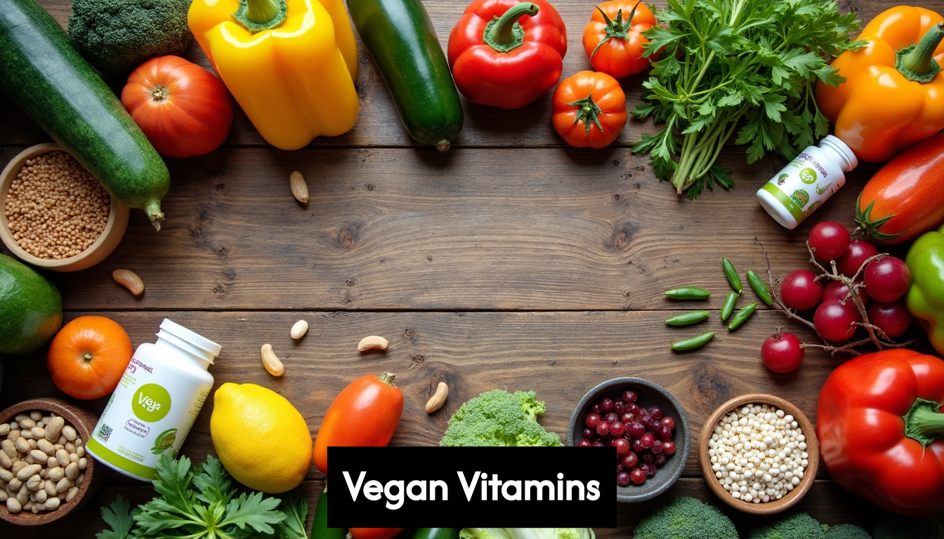 Vegan foods and supplements on a wooden table