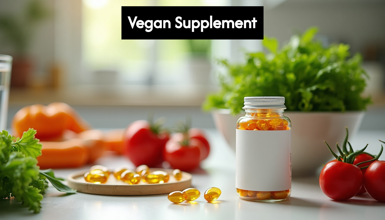 Vegan supplements with fresh vegetables in a kitchen