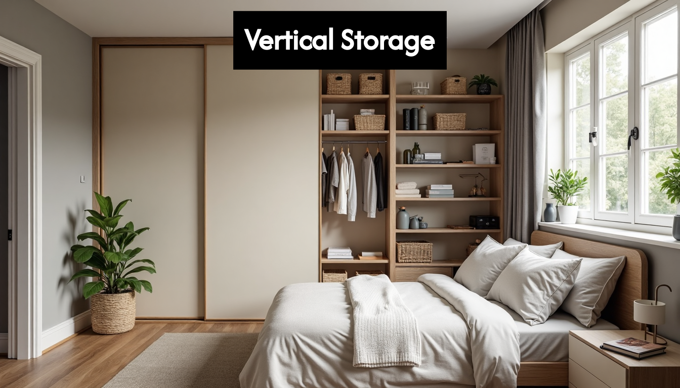 Vertical storage solutions in a small bedroom