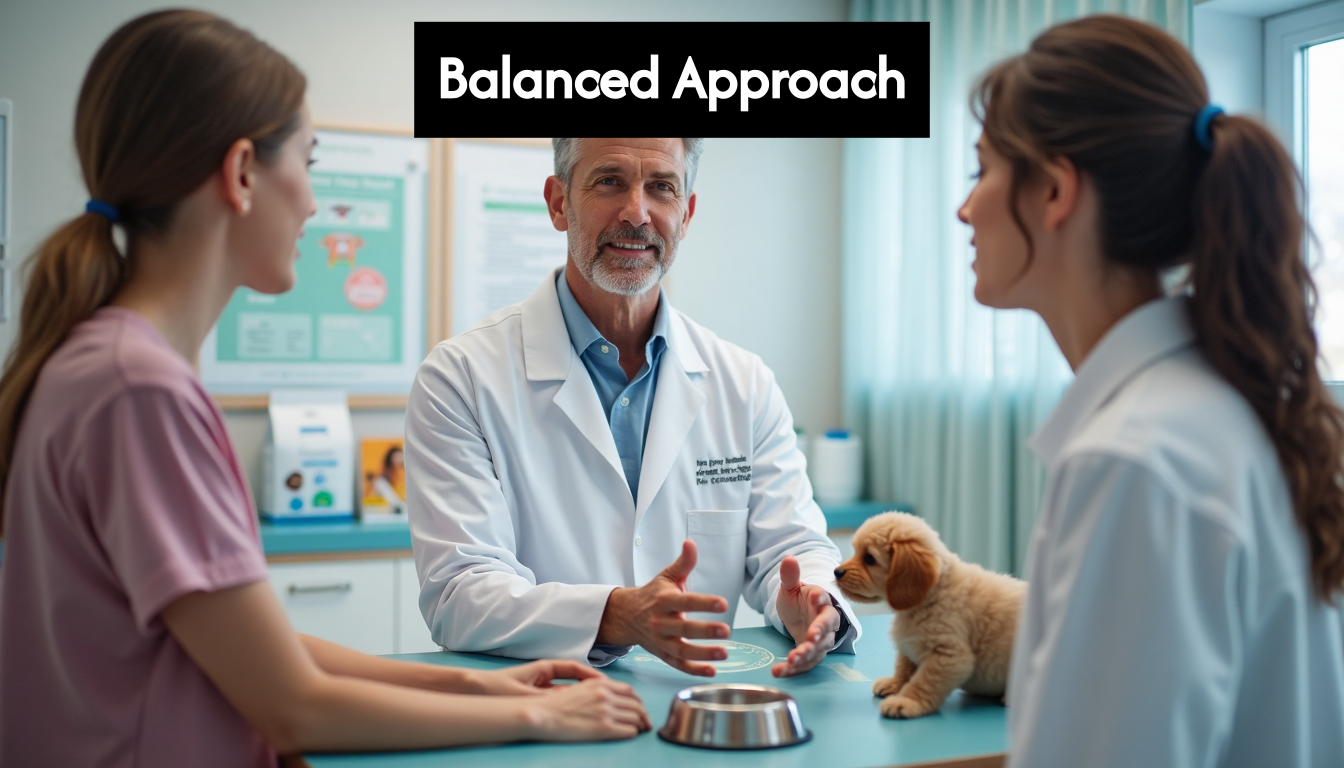 Veterinarian discussing puppy nutrition with a pet owner.