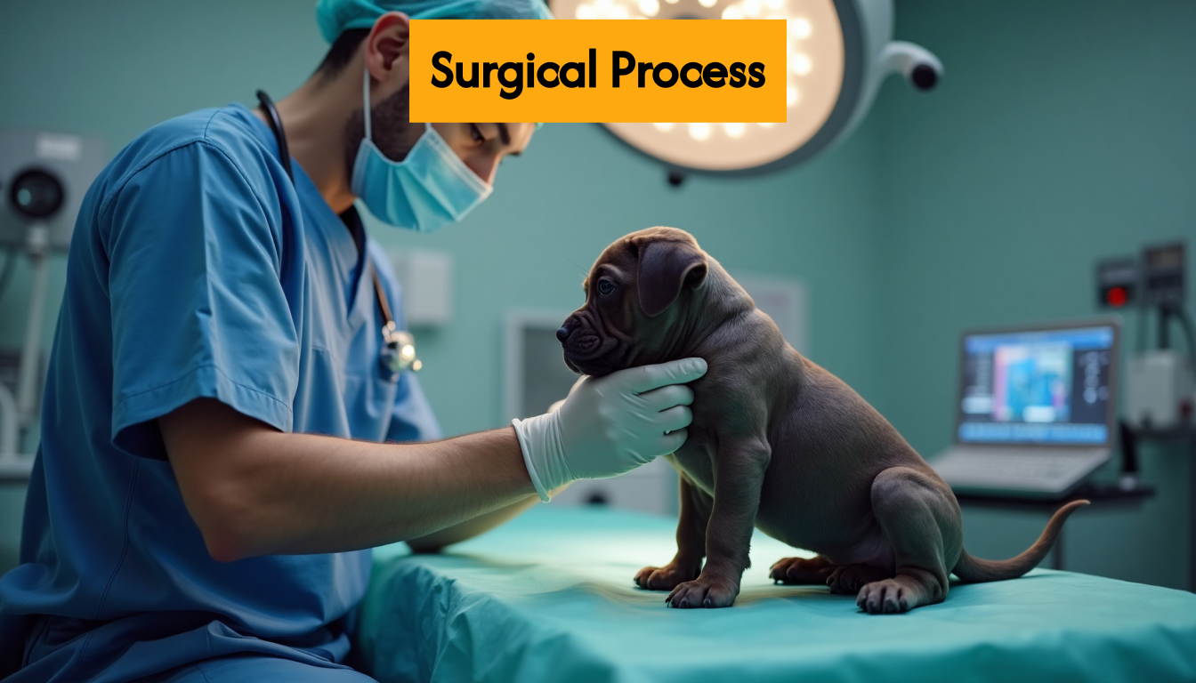 Veterinarian preparing Cane Corso puppy for ear procedure