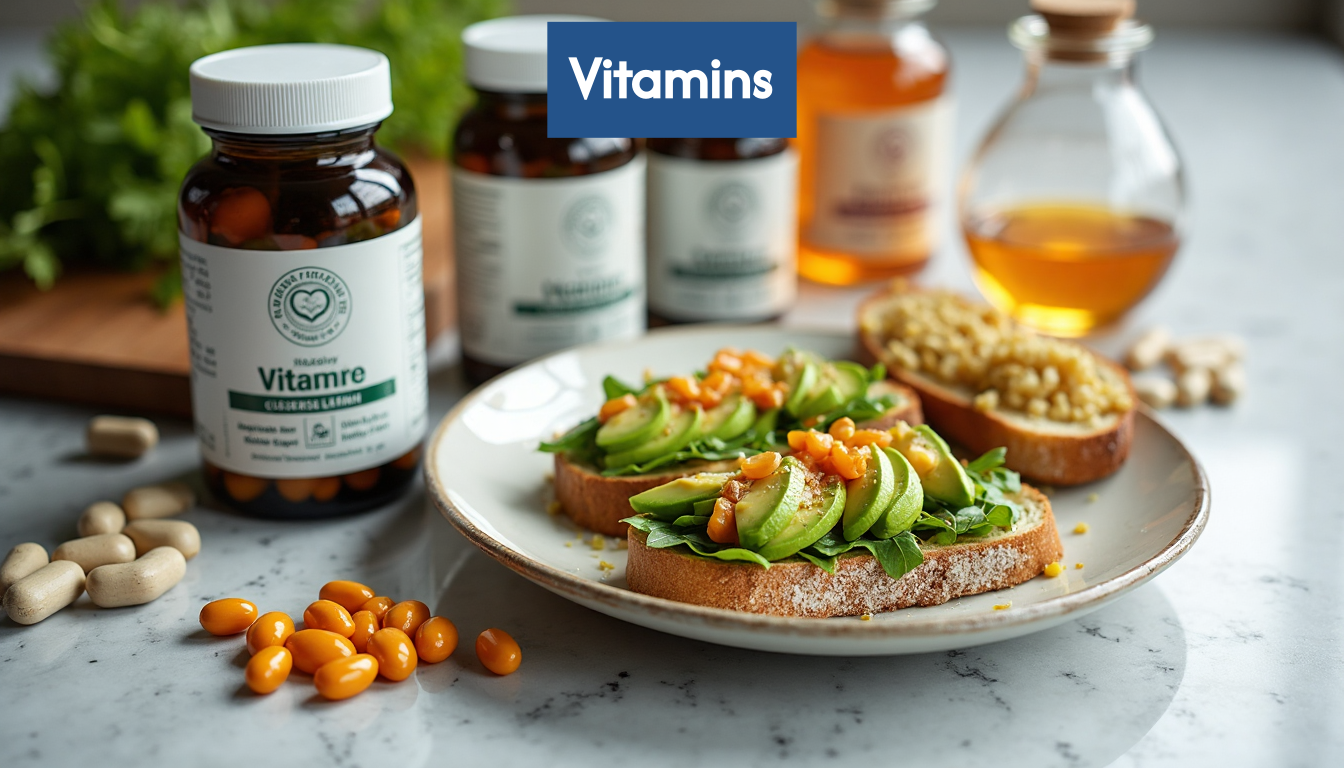 Vitamins next to a healthy meal.