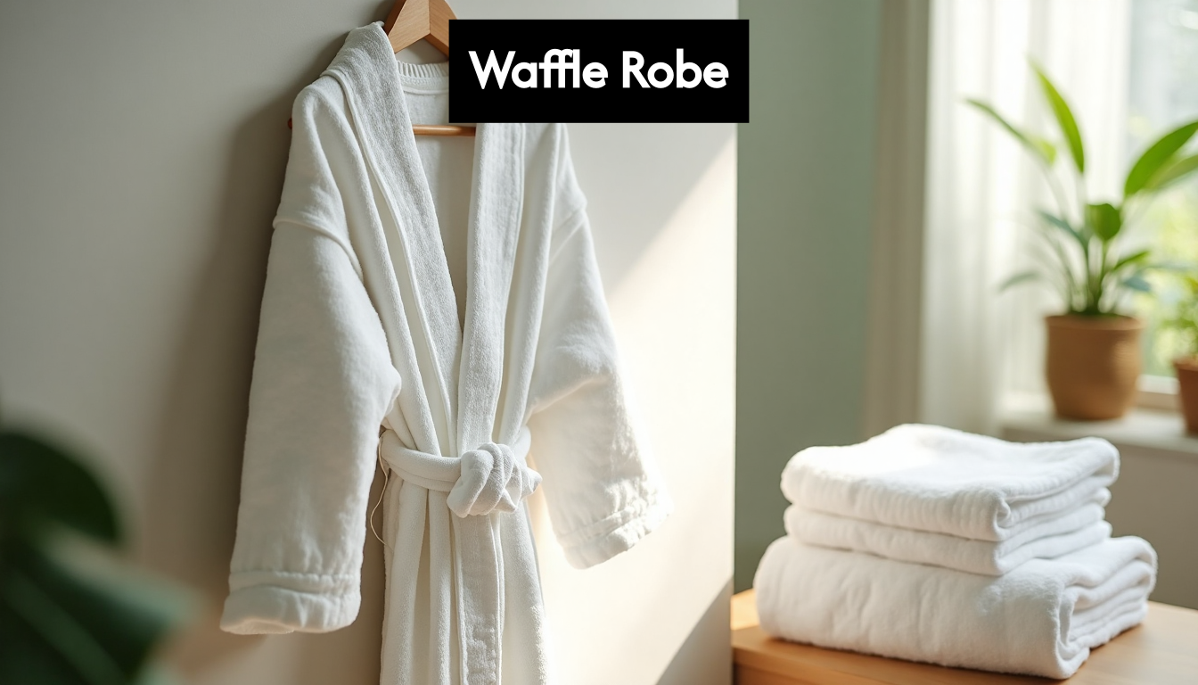 Waffle weave robe in sunny bathroom spa