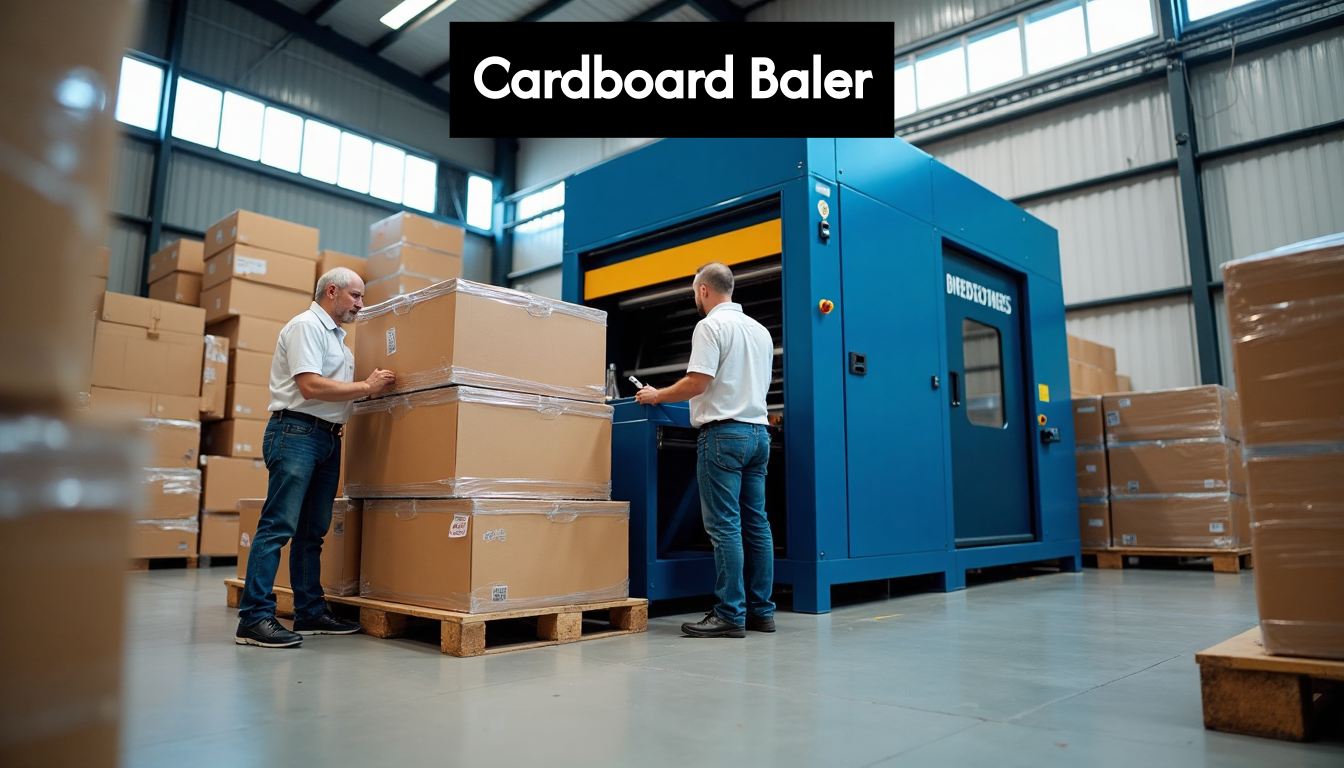 Warehouse staff operating modern cardboard baler