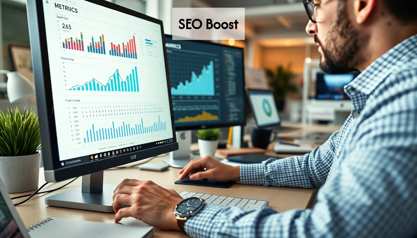 Digital marketer analyzing SEO metrics and growth analytics on a computer.