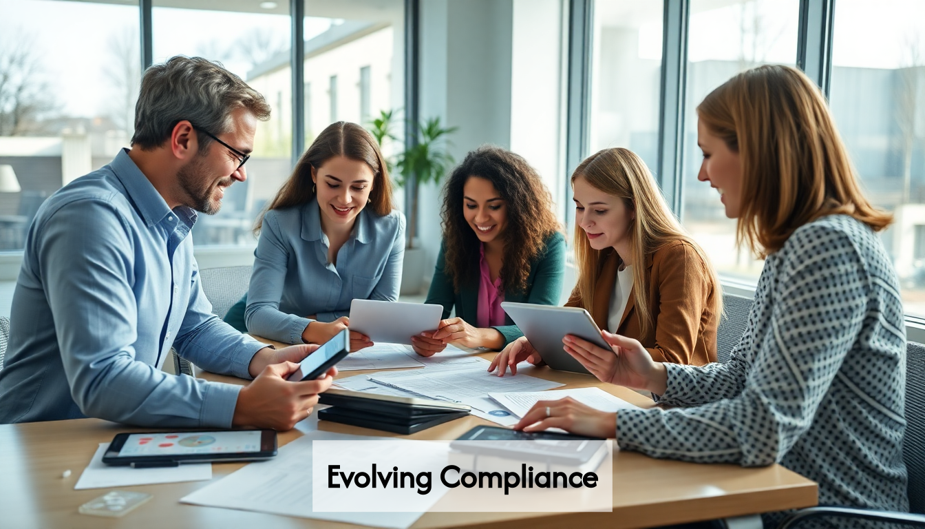 A team brainstorming over evolving compliance regulations.