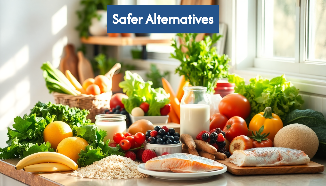 Whole foods on kitchen counter in sunlight