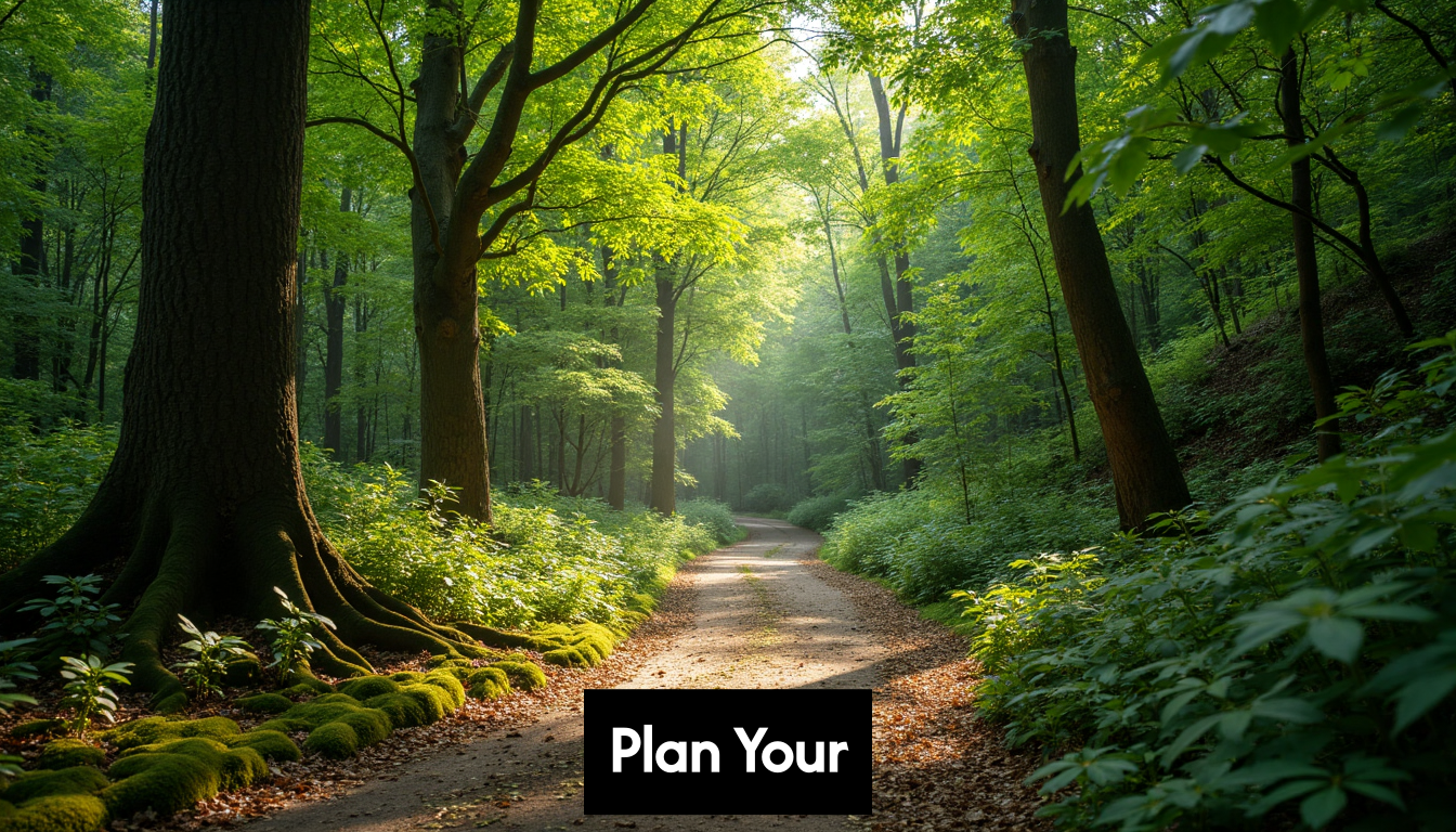 Winding trail through a green forest.