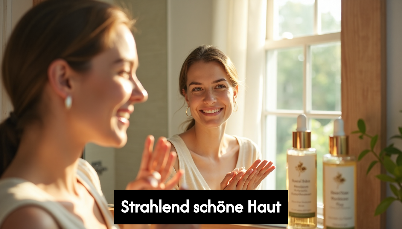 Woman applying herbal moisturizer in bright bathroom