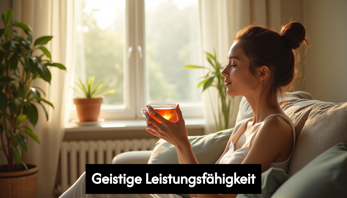 Woman enjoying herbal tea in morning sunlight