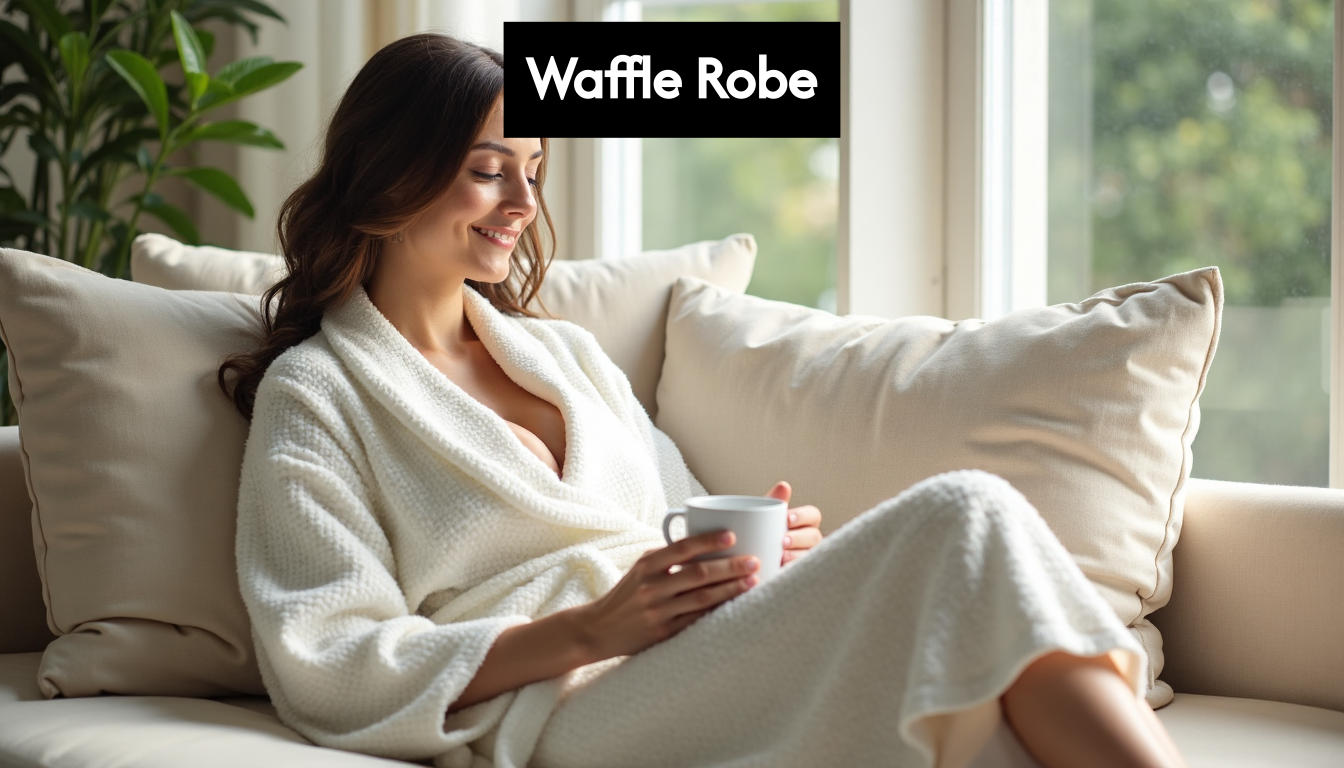 Woman lounging in white waffle robe at home