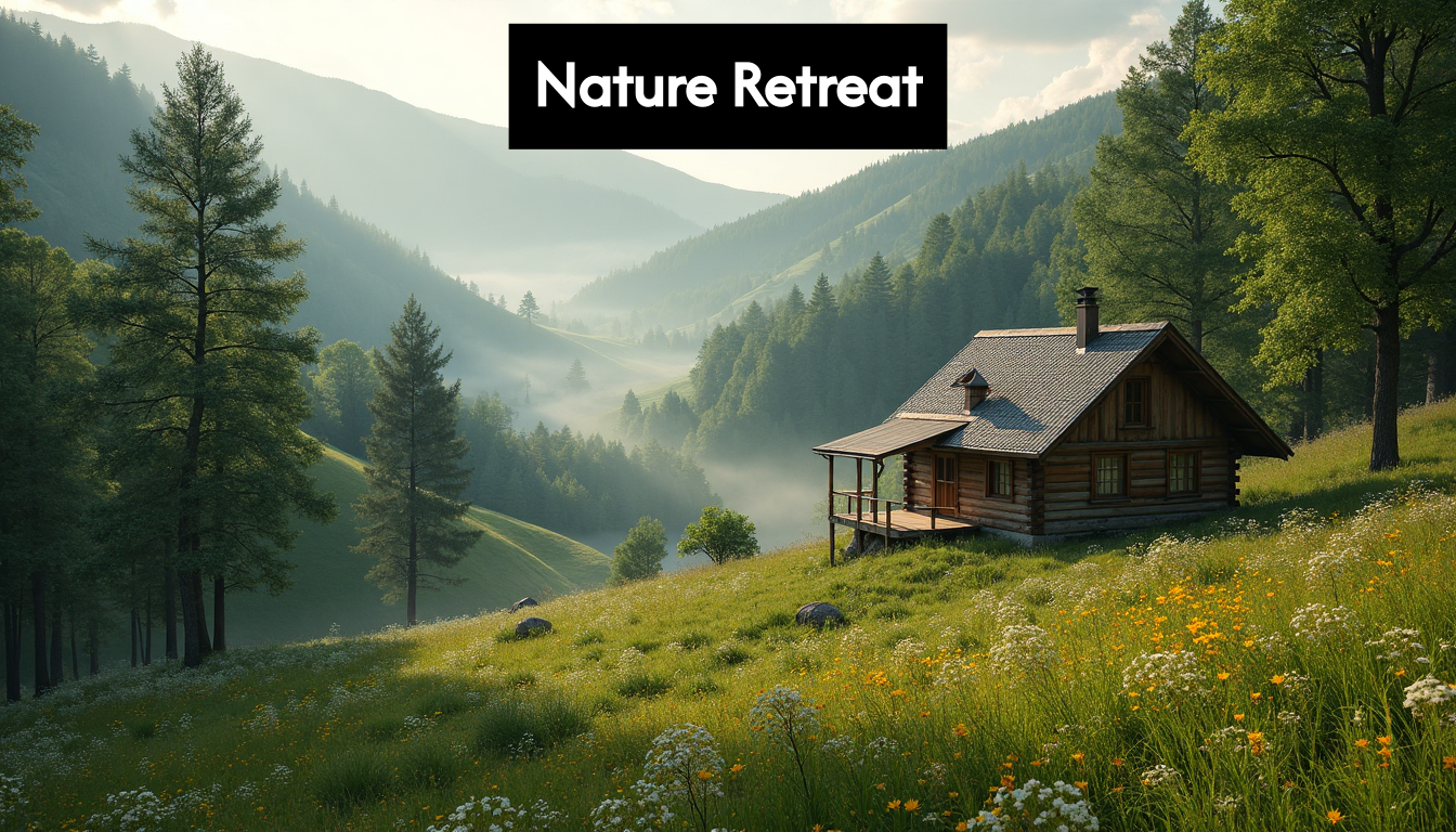 Wood cabin in tranquil green valley at sunrise