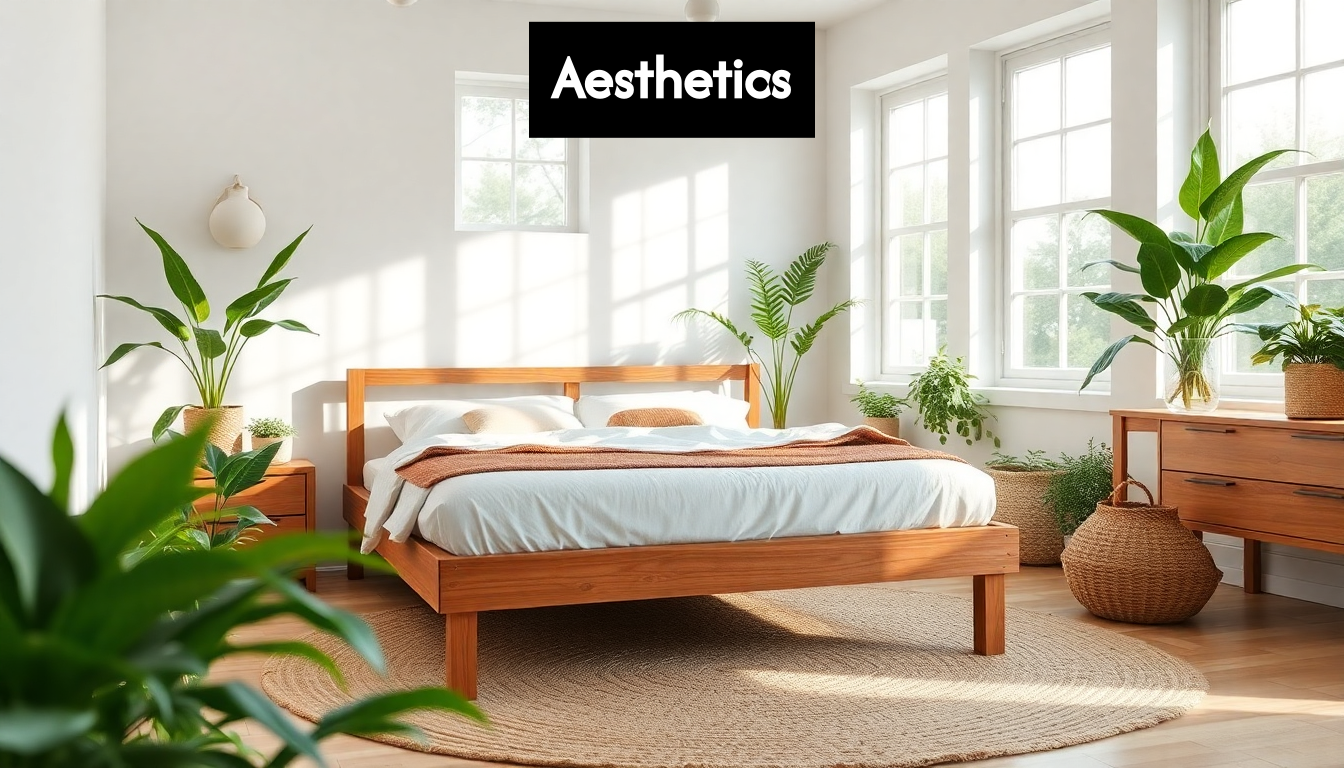 Wooden bed frame with plants and natural interior decor