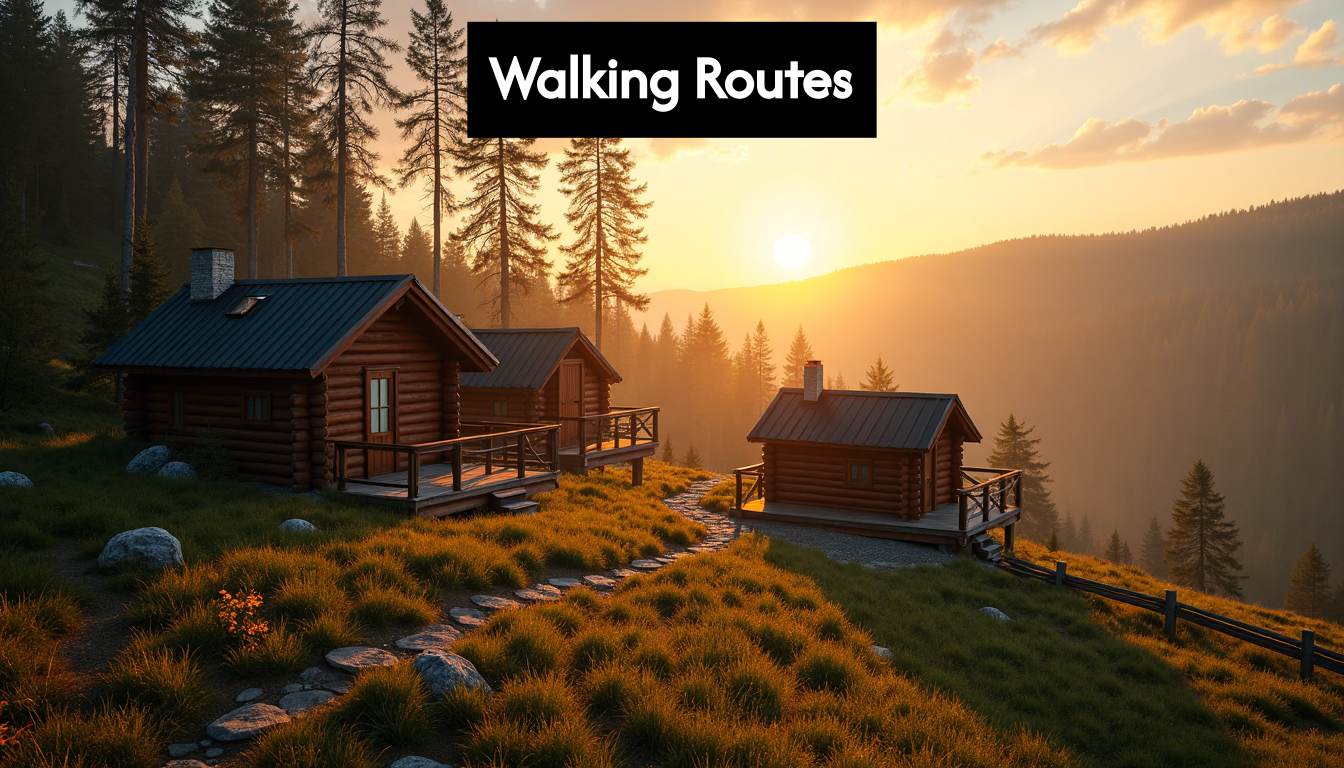 Woodland cabins at sunrise near rolling hills