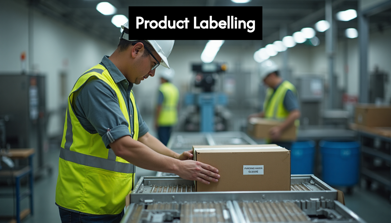 Worker applying product label in factory