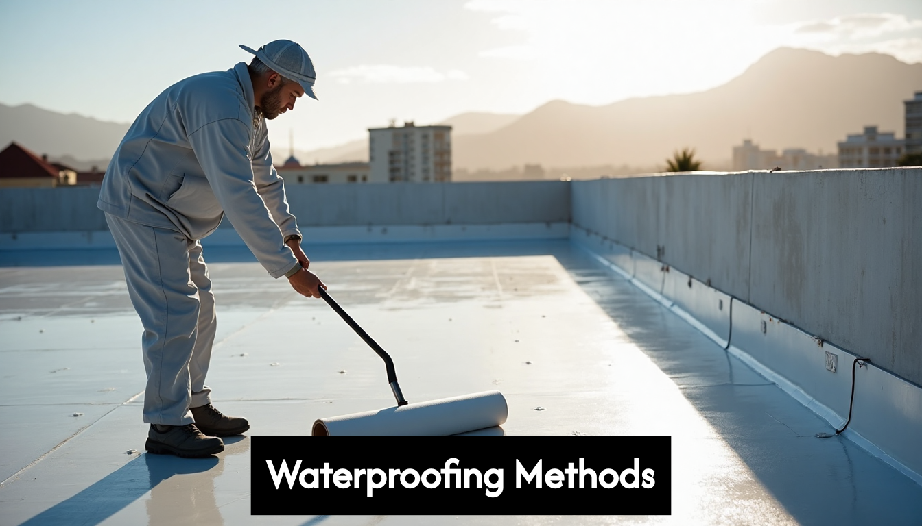 Worker applying waterproofing on commercial roof