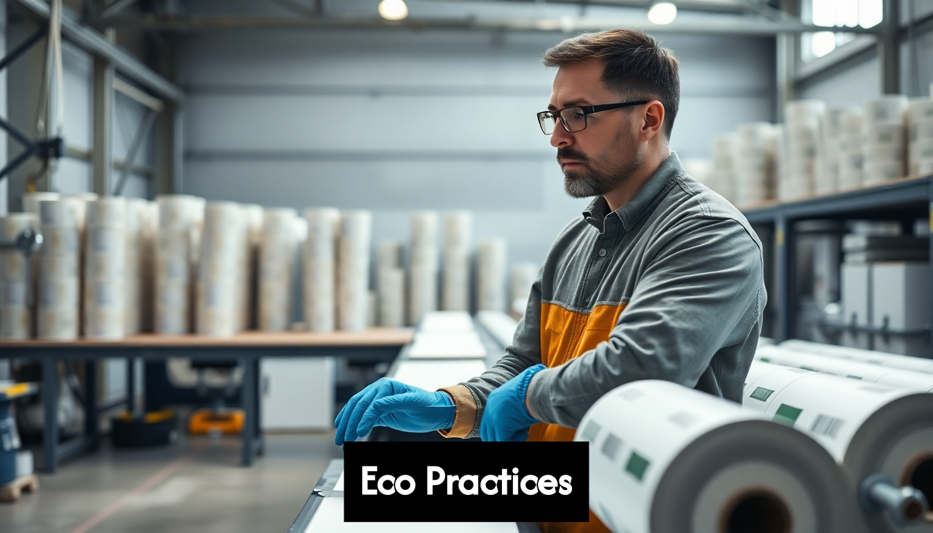 Worker examining eco-friendly label rolls