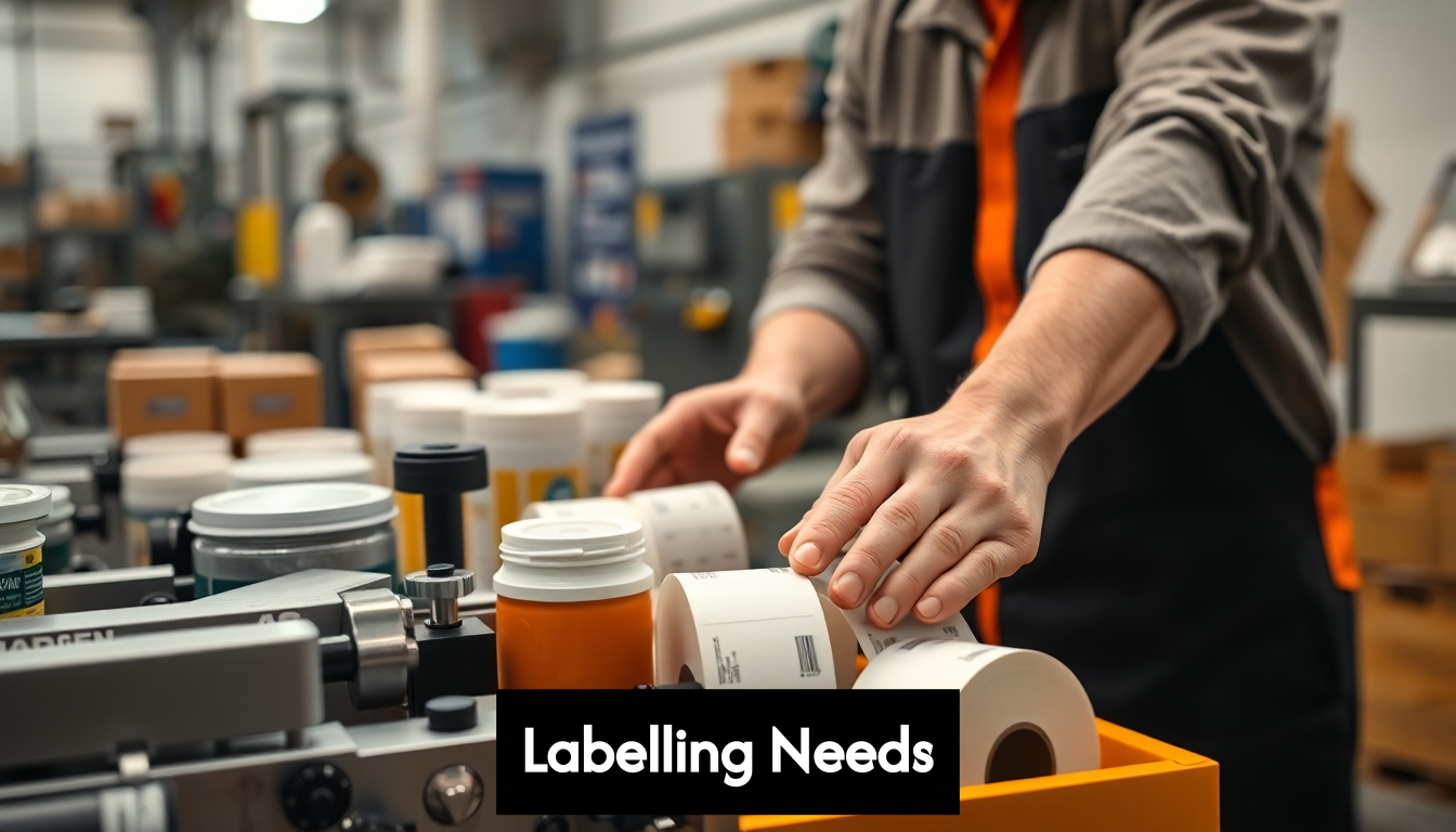 Worker setting up labelling machine in factory