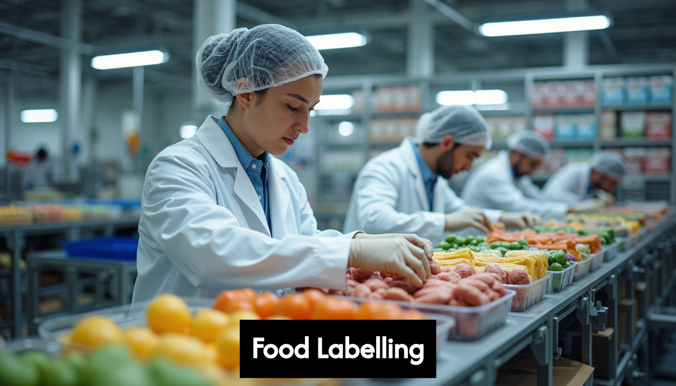 Workers inspecting food labels in a manufacturing facility