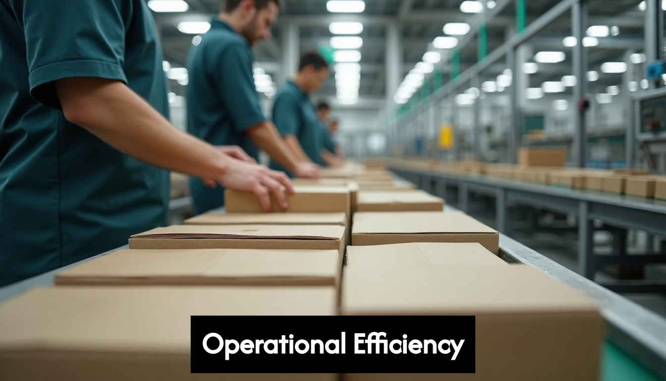 Workers inspecting sustainable packaging materials on a production line
