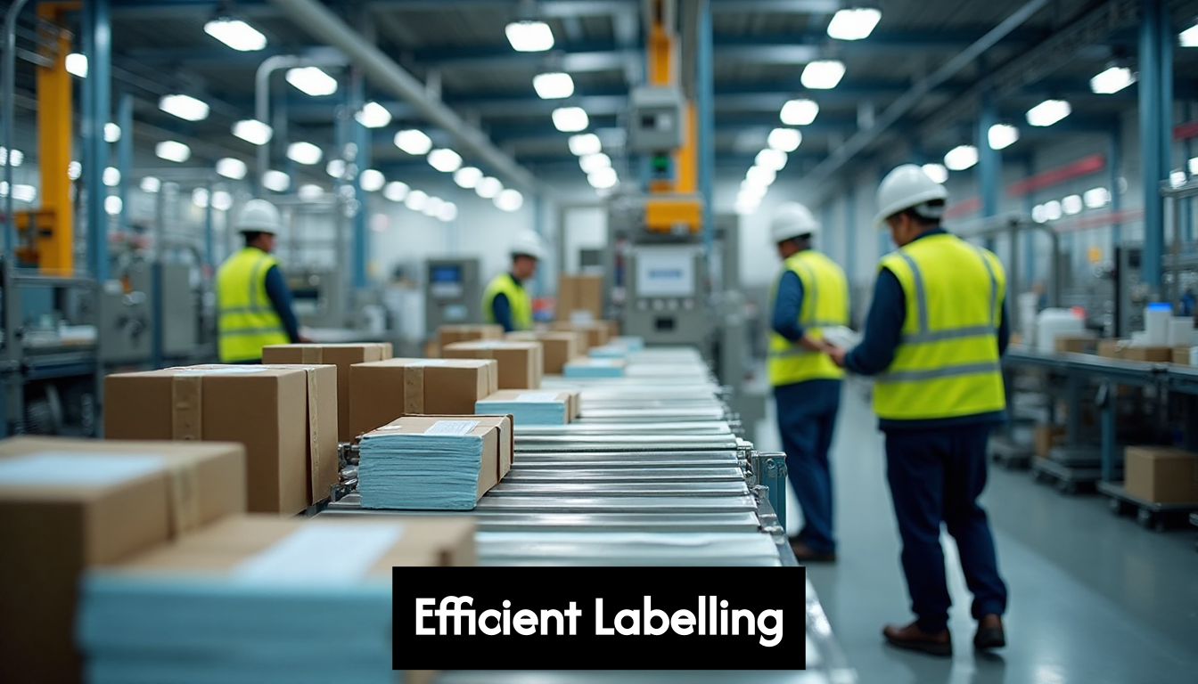 Workers overseeing automated labelling on factory line