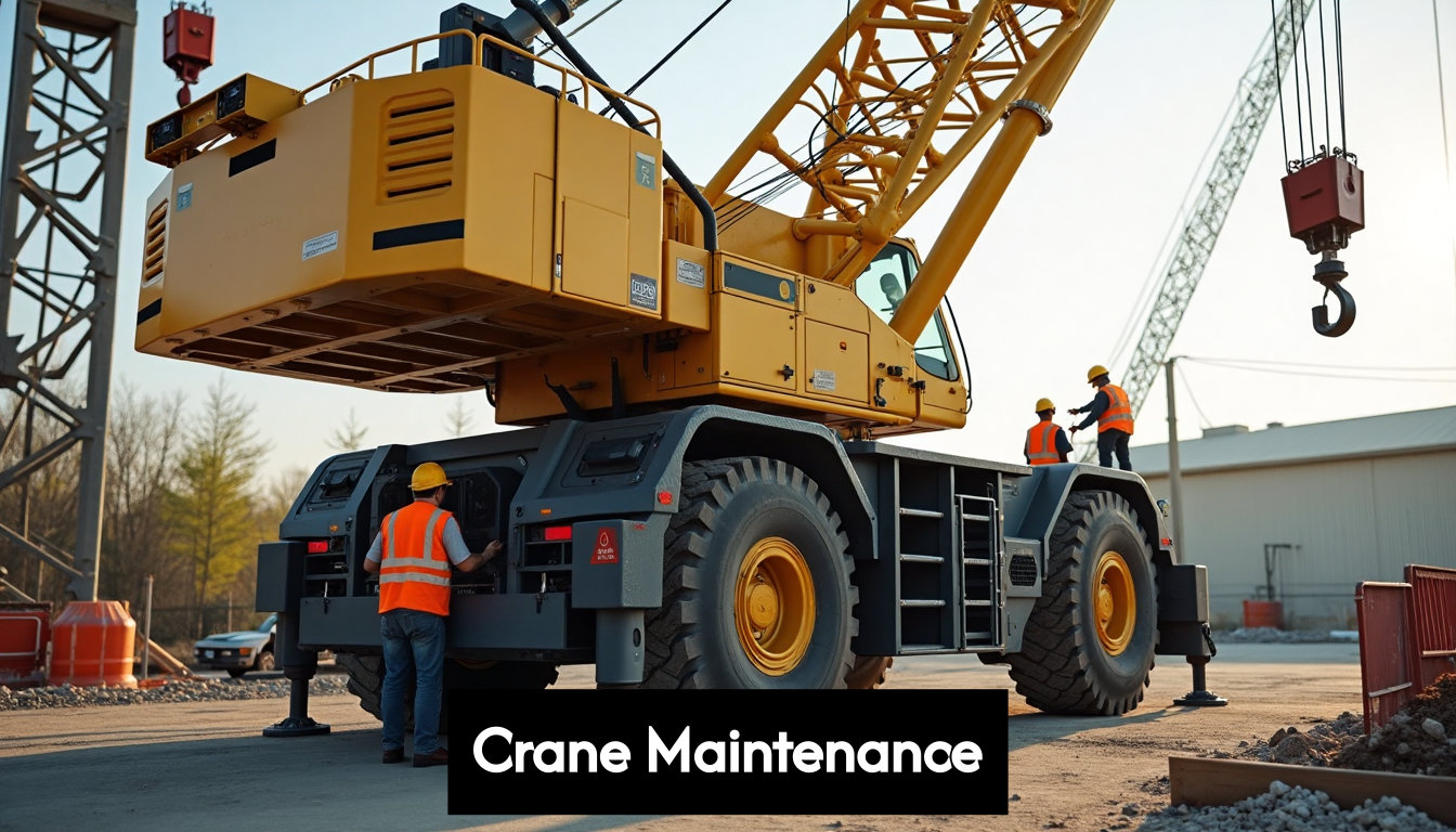 Workers performing maintenance on large industrial crane