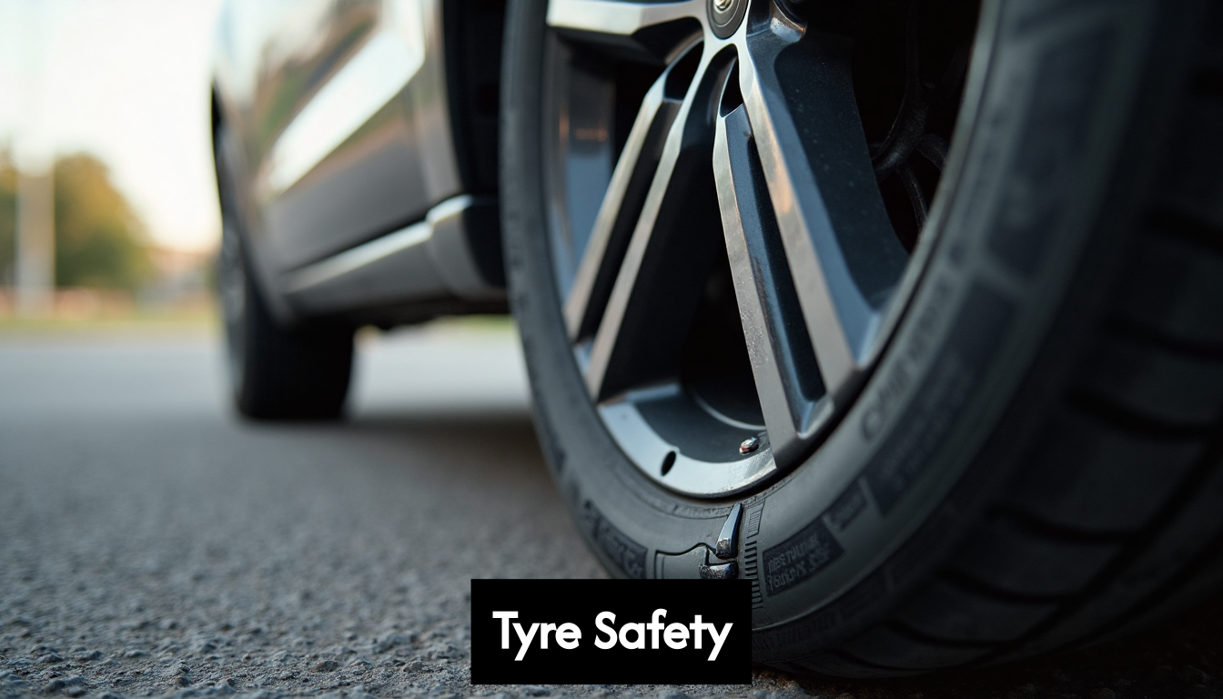 Worn car tyre with cracks and bulge visible