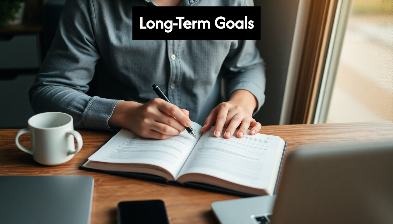 Writing career goals in notebook at work desk