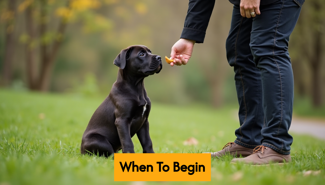Young Cane Corso puppy doing obedience training
