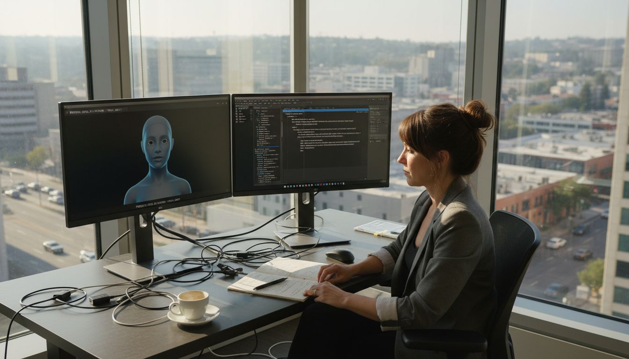 Marketer edits avatar video in bright office