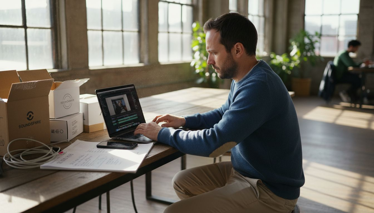 Ecommerce manager editing product video at coworking space