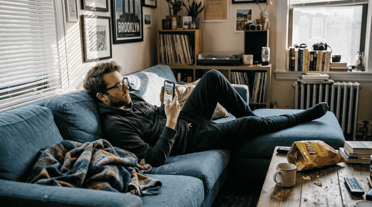 Man watches video ad on smartphone at home