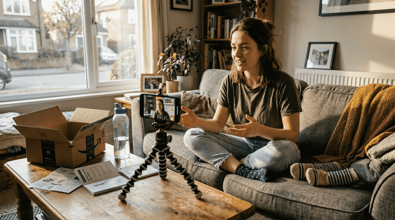 Woman records candid product review at home