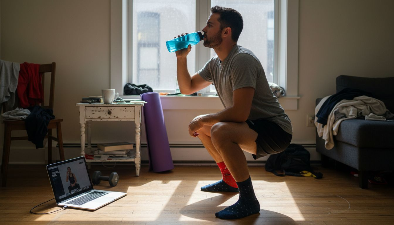 Man using water bottle in home workout scene