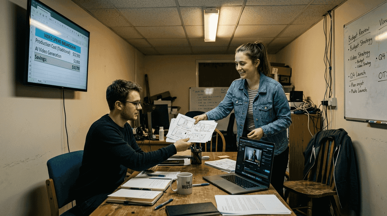 Team reviewing AI vs traditional video budgets