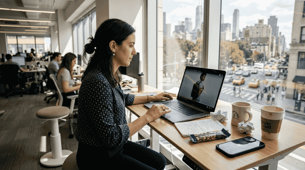 Ecommerce manager editing AI video at cluttered desk
