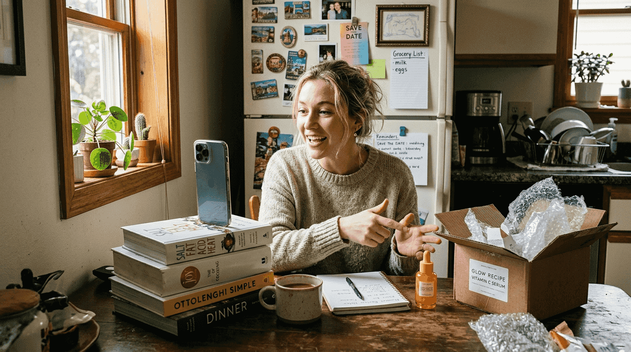 Woman recording honest UGC video at kitchen table